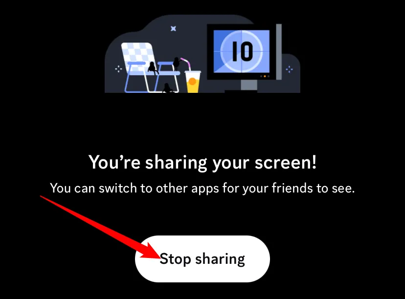 Nhấn &quot;Stop Sharing&quot; để dừng chia sẻ màn hình Discord trên di động.