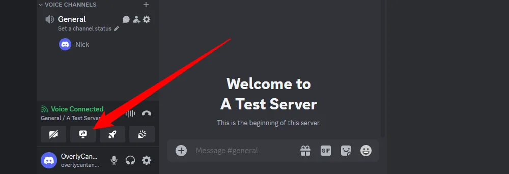 Nhấn vào biểu tượng &quot;Share Your Screen&quot; (chia sẻ màn hình) trong Discord trên máy tính.