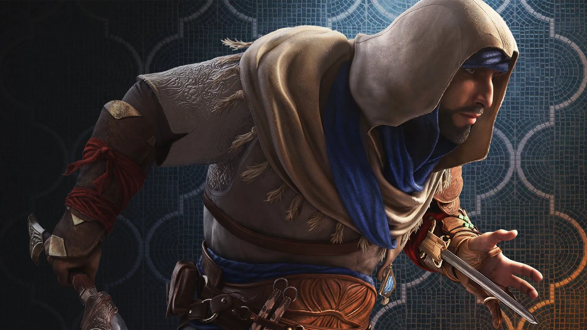 Nhân vật Basim Ibn Ishaq di chuyển trên mái nhà trong thành phố Baghdad của Assassin's Creed Mirage