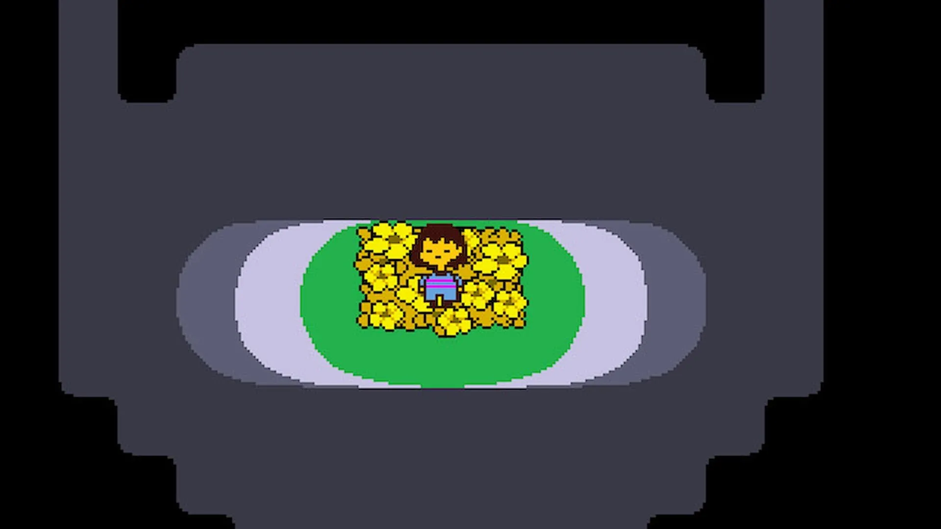 Nhân vật chính của Undertale đứng giữa những bông hoa, biểu tượng cho lối chơi hòa bình của game