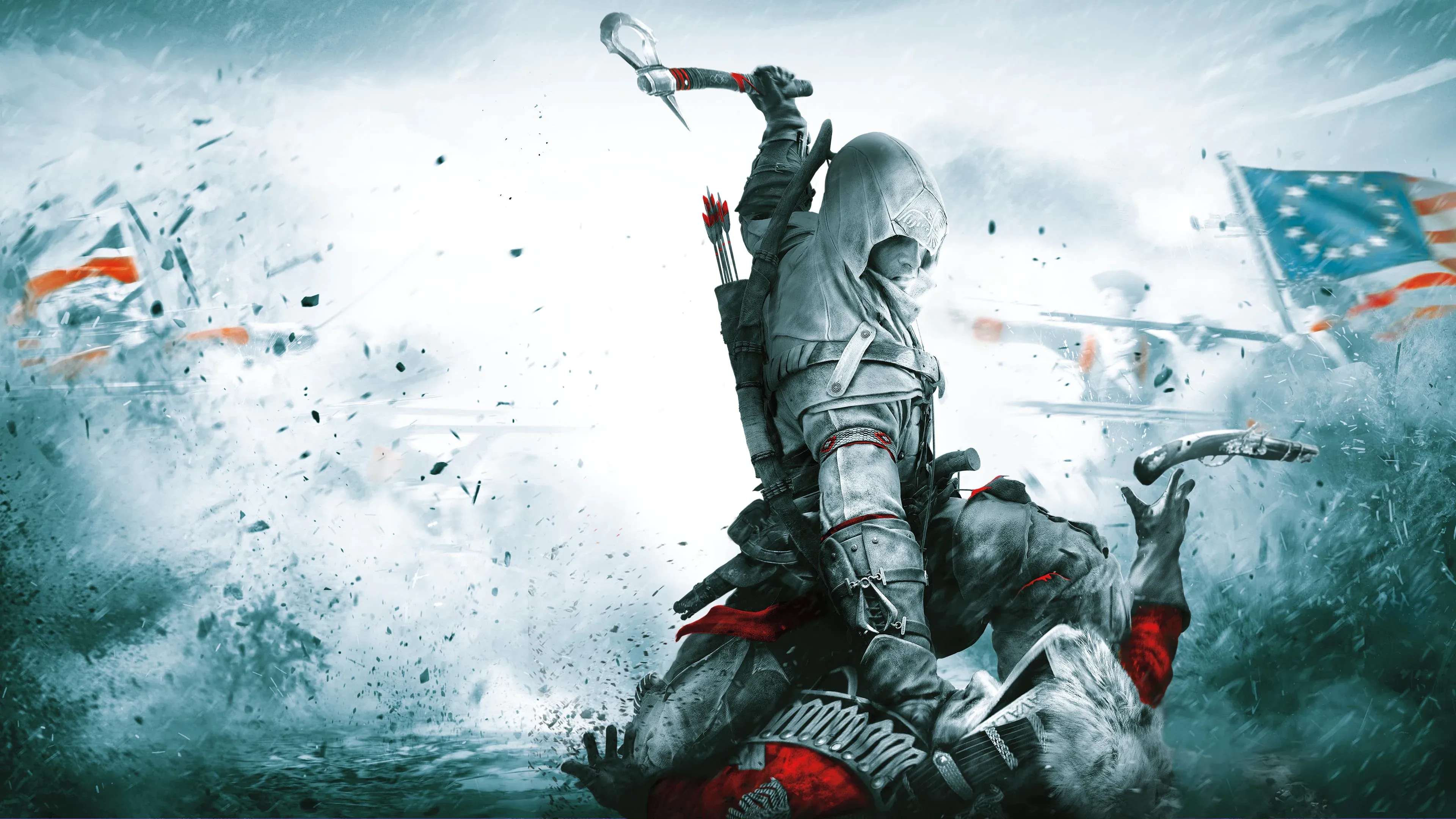 Nhân vật Connor Kenway của Assassin's Creed III đang chạy trên cánh đồng tuyết