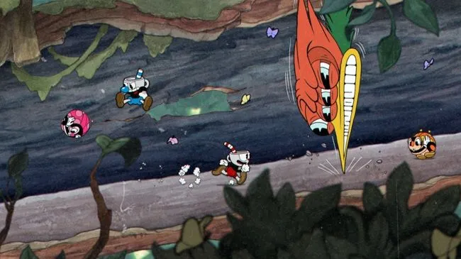 Nhân vật Cuphead trong một cảnh chiến đấu đầy kịch tính, thể hiện phong cách hoạt hình uốn dẻo những năm 1930 độc đáo của game.