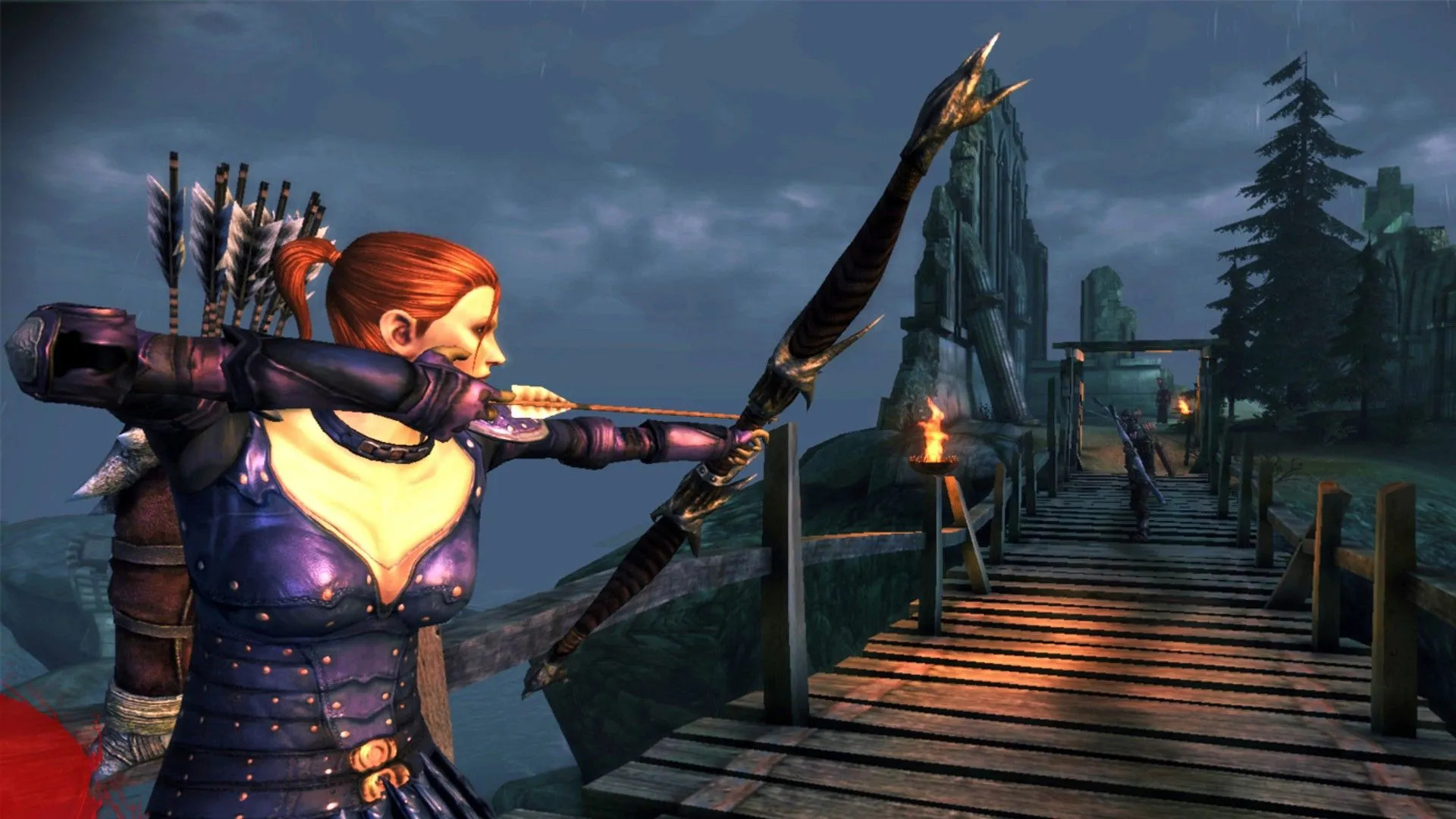 Nhân vật Leliana trong Dragon Age: Origins đang giương cung, chuẩn bị bắn tên, thể hiện sự sẵn sàng đối mặt với thử thách trong game.
