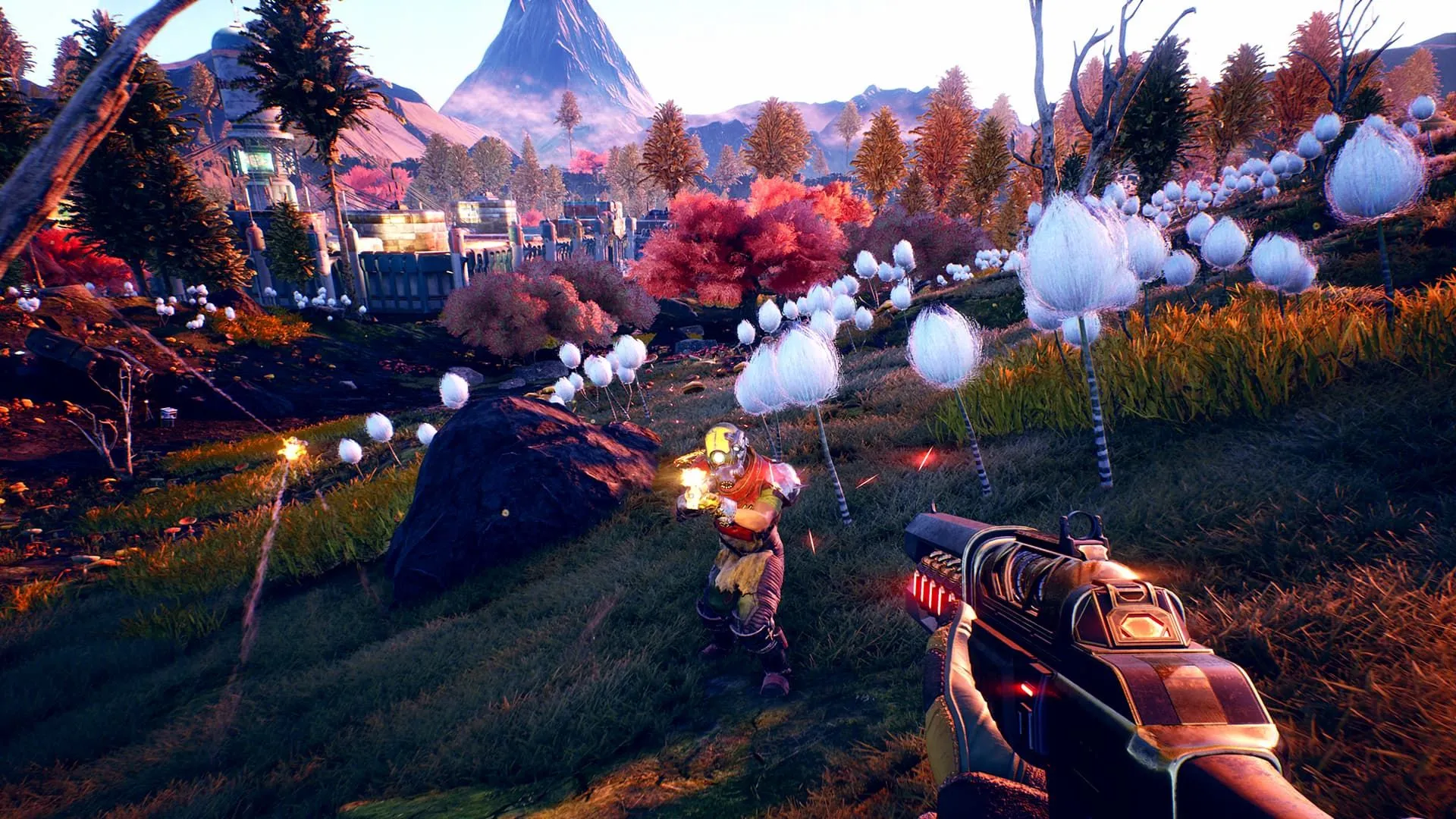 Nhân vật trong The Outer Worlds chuẩn bị giao chiến nhưng game cho phép nhiều lựa chọn phi sát thương