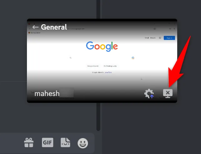 Nhấn &quot;X&quot; để dừng chia sẻ màn hình Discord trên máy tính.