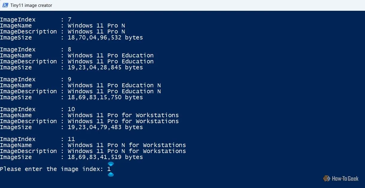 Nhập chỉ số hình ảnh (Image Index) cho phiên bản Windows 11 mong muốn trong PowerShell.