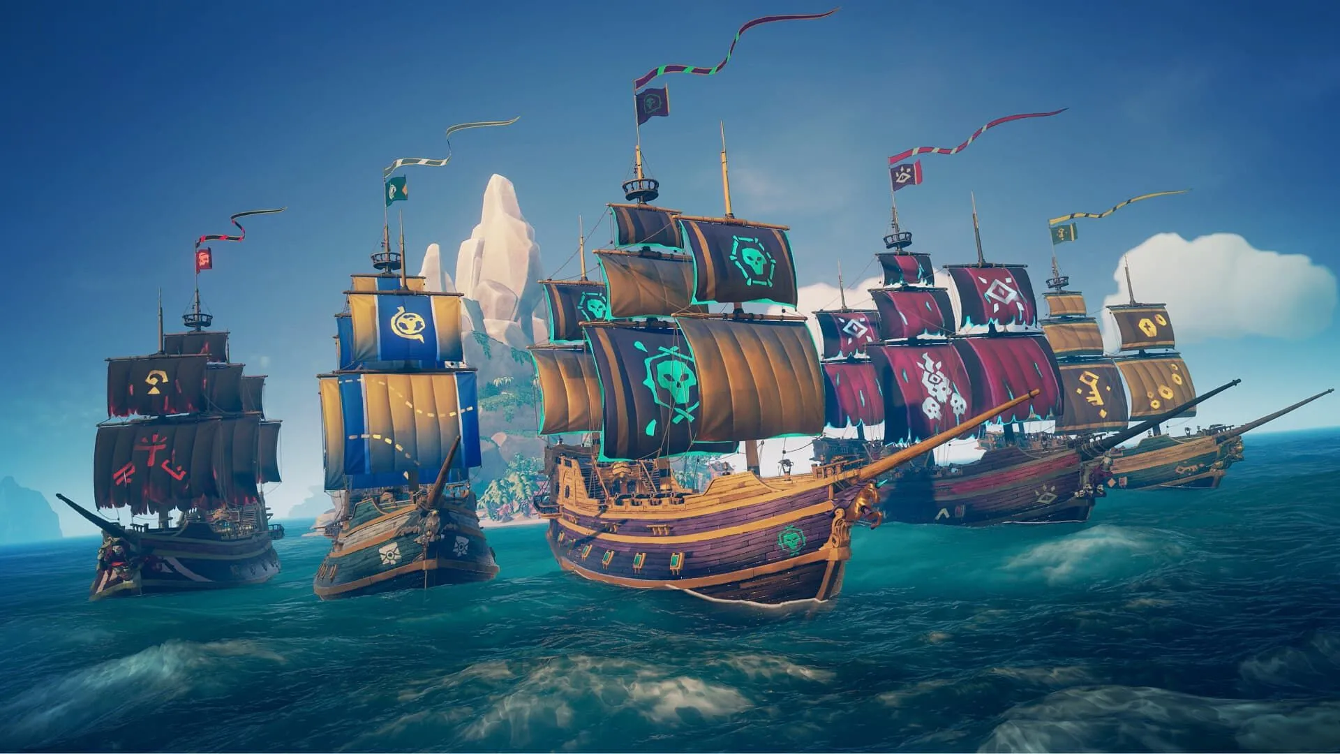 Nhiều con tàu cướp biển lướt sóng ra khơi xa một hòn đảo nhiệt đới trong game Sea of Thieves.