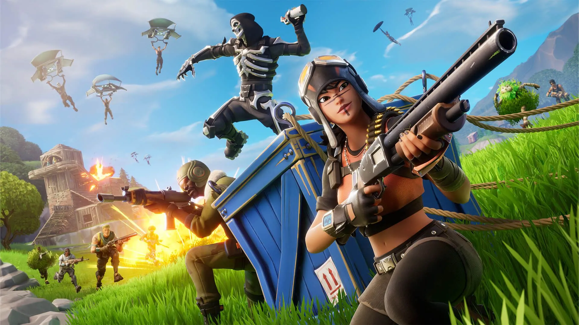 Nhiều nhân vật cầm vũ khí trong hình ảnh quảng cáo cho Fortnite.