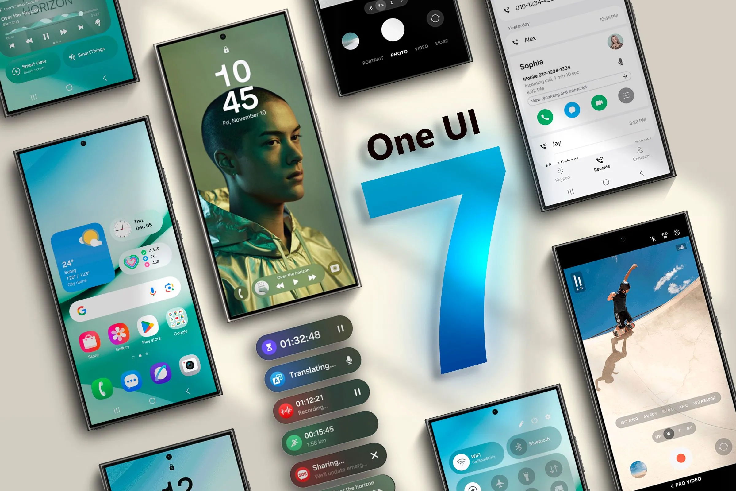 Nhiều thiết bị Samsung Galaxy S24 đặt cạnh nhau với logo One UI 7 ở trung tâm, đánh dấu sự ra mắt của bản cập nhật Android 15.