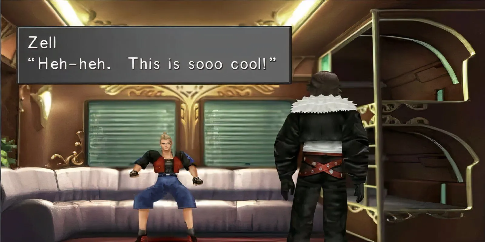 Nhóm nhân vật chính trong Final Fantasy VIII trên chuyến tàu, bối cảnh quen thuộc của các JRPG.