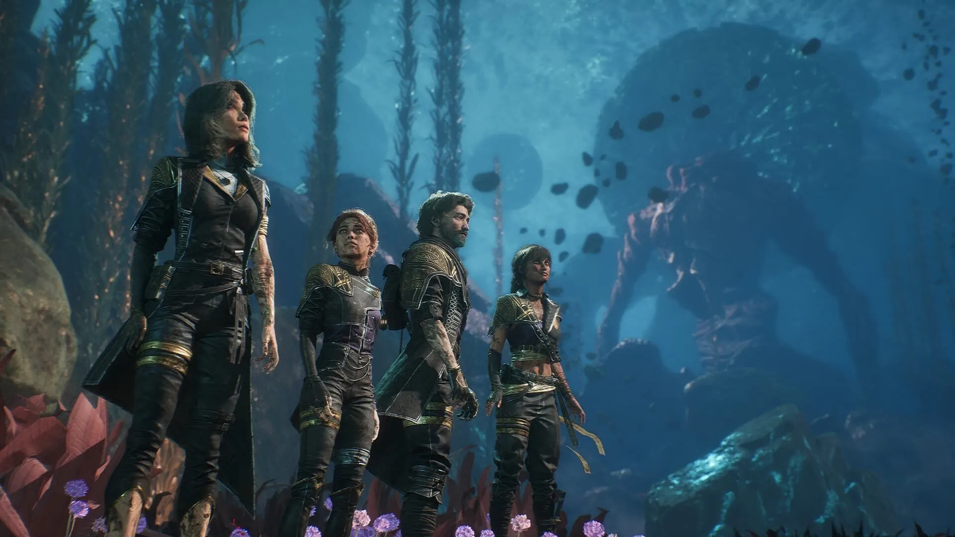 Nhóm nhân vật chính trong game RPG Clair Obscur: Expedition 33 đứng cùng nhau trong một khu vực tối tăm, thể hiện đồ họa Unreal Engine hiện đại.