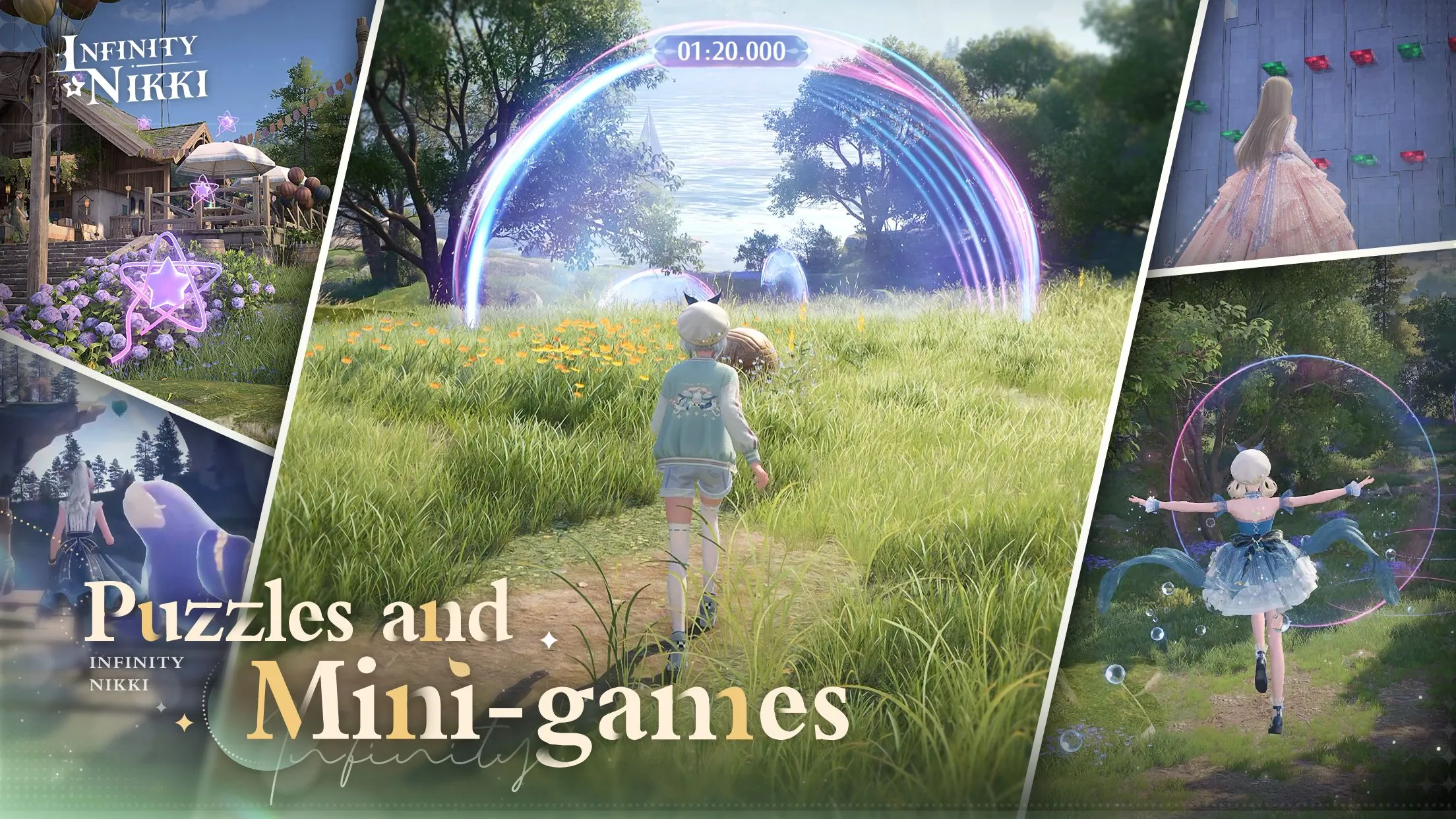 Nikki tương tác với cảnh quan trong Infinity Nikki, minh họa môi trường game mở và sinh động