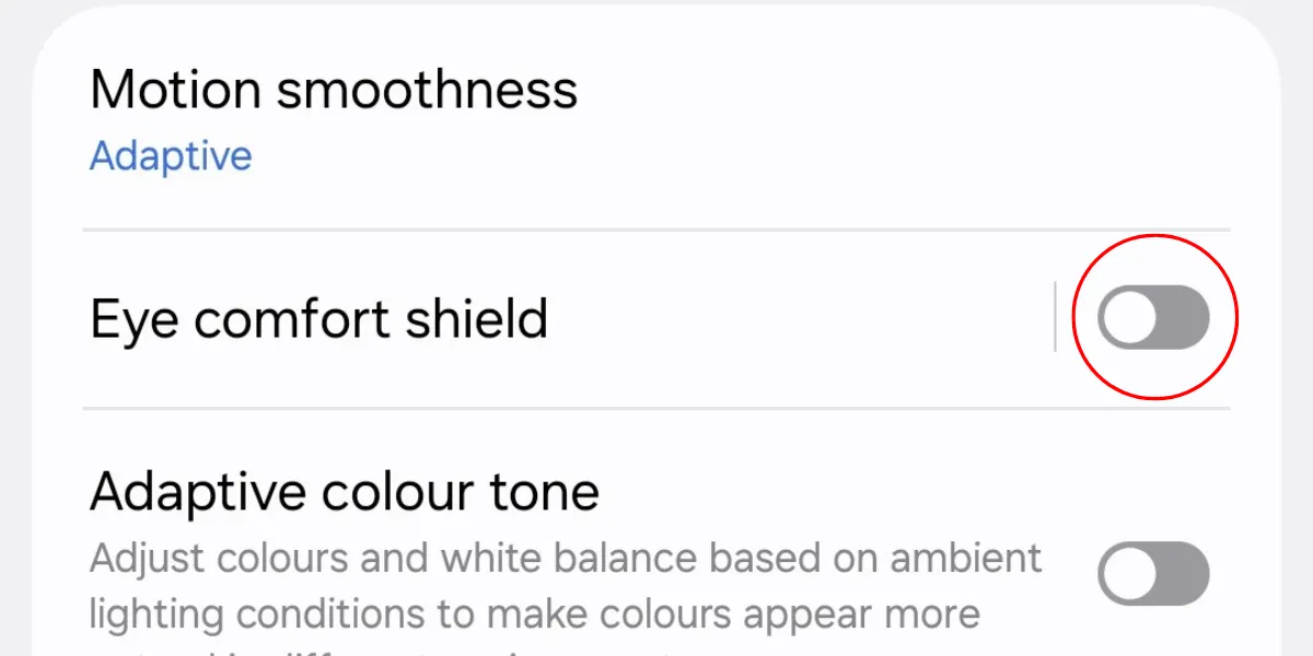 Nút bật/tắt tính năng Chế độ bảo vệ mắt (Eye Comfort Shield) trên điện thoại Galaxy S25