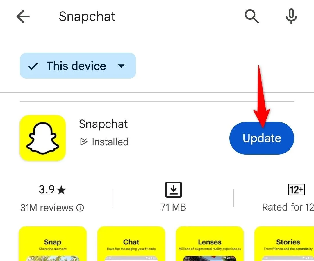 Nút cập nhật ứng dụng Snapchat trên Google Play Store