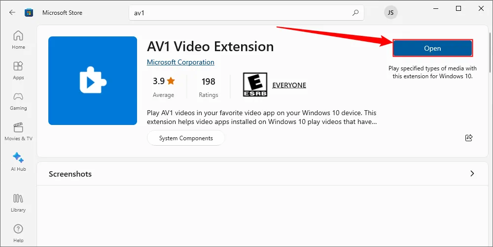 Nút 'Get' hoặc 'Open' để tải xuống và cài đặt codec AV1 Video Extension từ Microsoft Store trên hệ điều hành Windows.