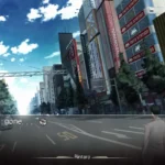 Okabe Rintaro, nhân vật chính của Steins;Gate, đứng cô độc trên con phố vắng tại Tokyo, thể hiện cảm xúc sâu lắng của game visual novel khoa học viễn tưởng.