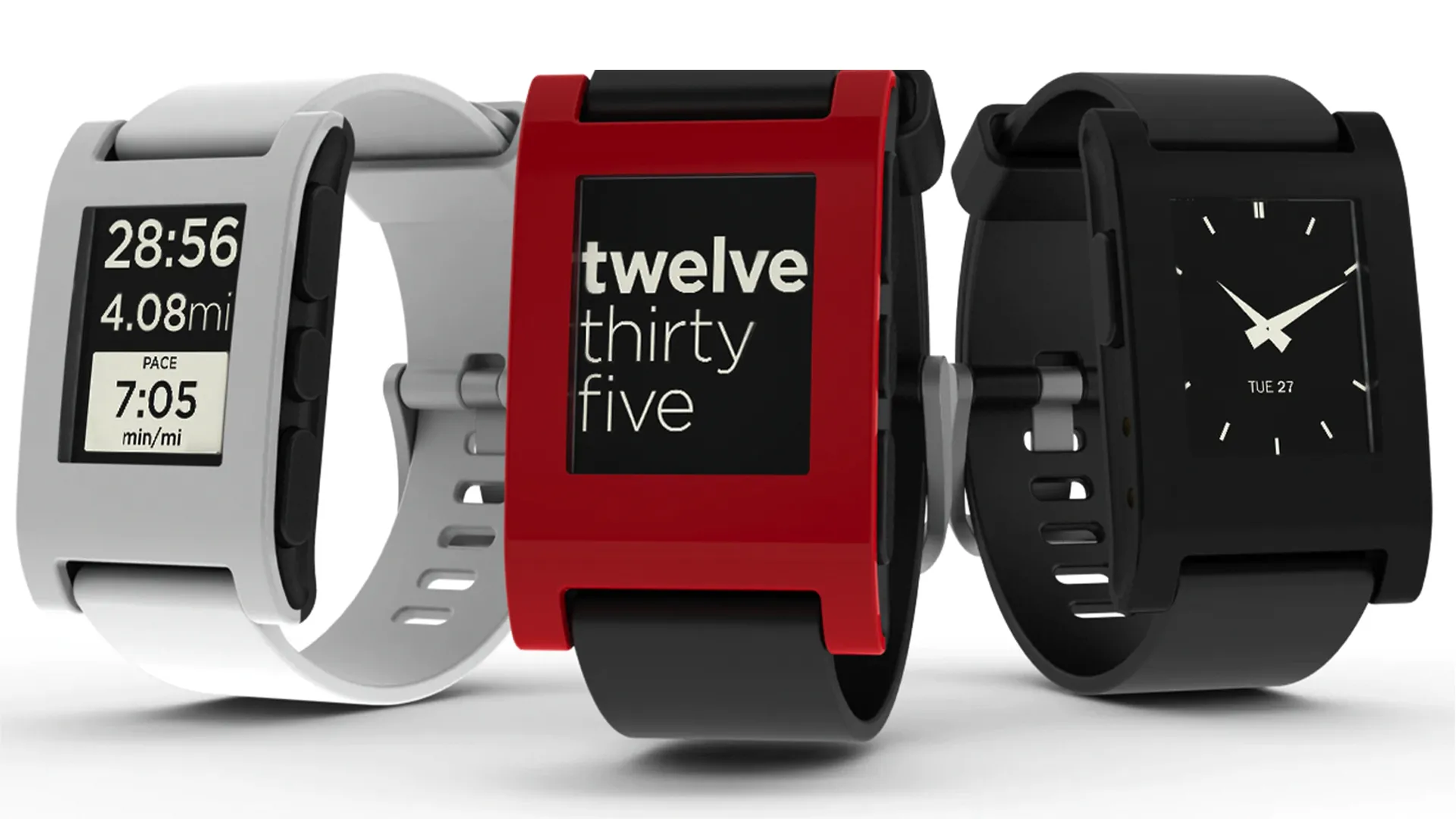 Pebble smartwatch đời đầu với màn hình e-paper đen trắng, khởi nguồn thành công Kickstarter.