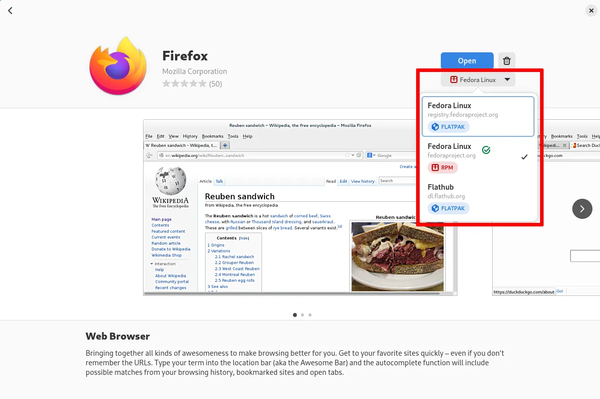 Phần mềm GNOME hiển thị ba tùy chọn kho lưu trữ để cài đặt phần mềm trên Fedora