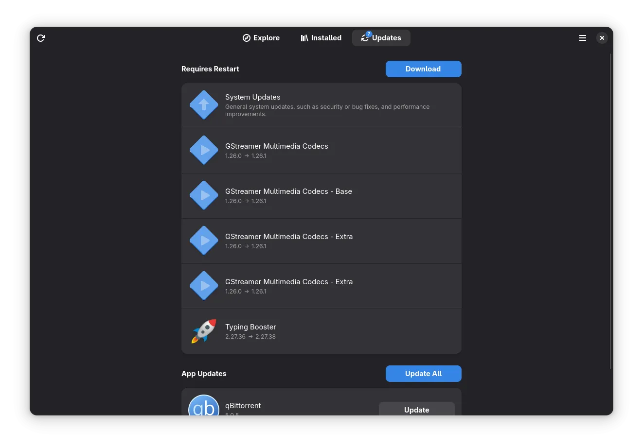 Phần mềm GNOME trên Fedora hiển thị các bản cập nhật có sẵn