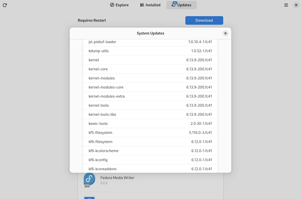 Phần mềm GNOME trên Fedora hiển thị các bản cập nhật hệ thống có sẵn