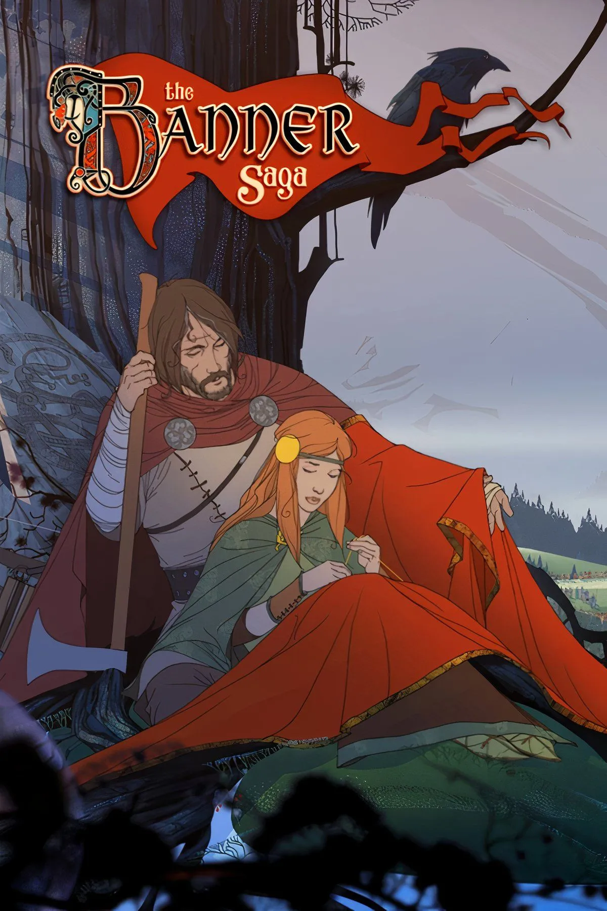 Phong cảnh hoang tàn và các nhân vật trong The Banner Saga, nổi bật phong cách đồ họa nghệ thuật và cốt truyện Norse.