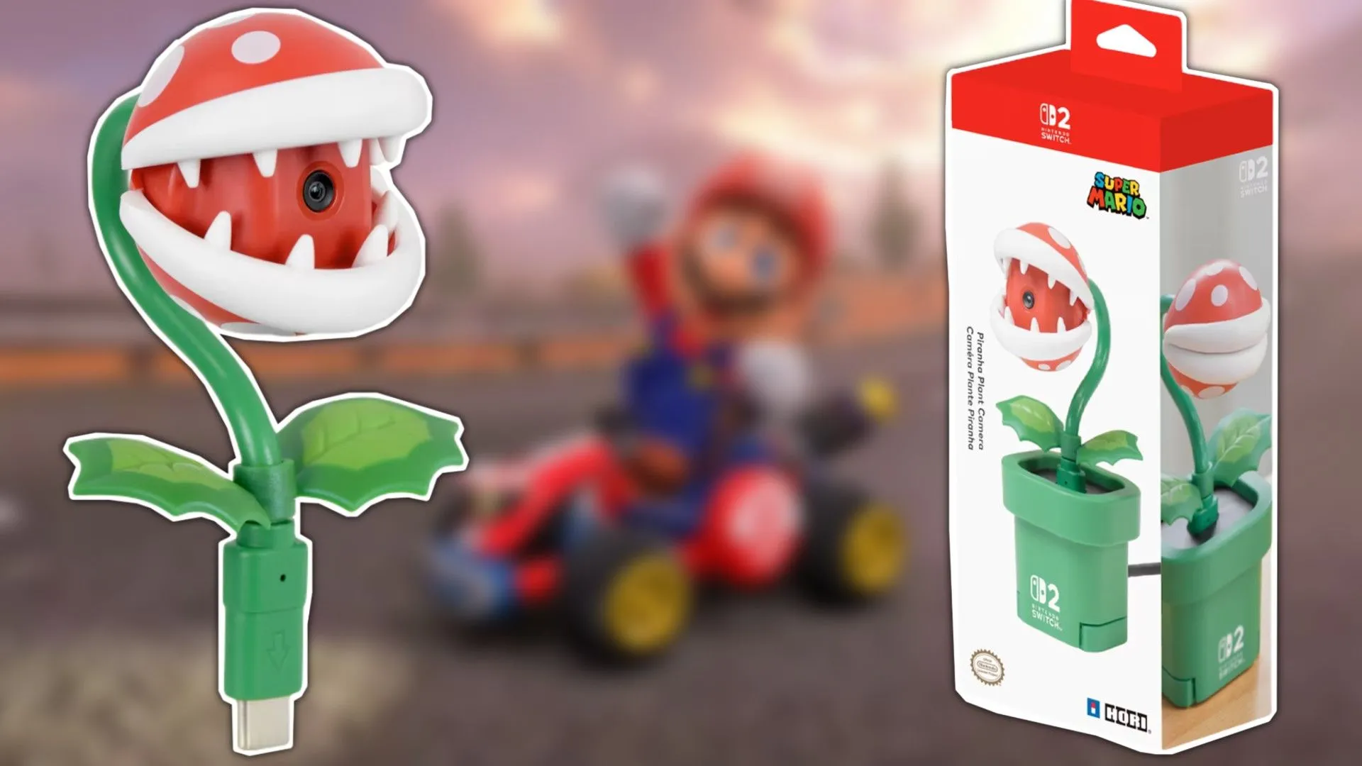 Phụ kiện Camera Piranha Plant cho Nintendo Switch 2 đặt trước hình ảnh Mario từ Mario Kart World, minh họa cho chất lượng không như mong đợi.