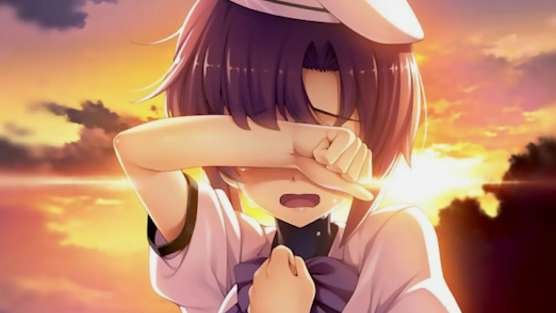 Rena Ryuugu khóc trong hoàng hôn từ Higurashi When They Cry, thể hiện chiều sâu cảm xúc và kịch tính trong loạt game visual novel bí ẩn kinh dị.
