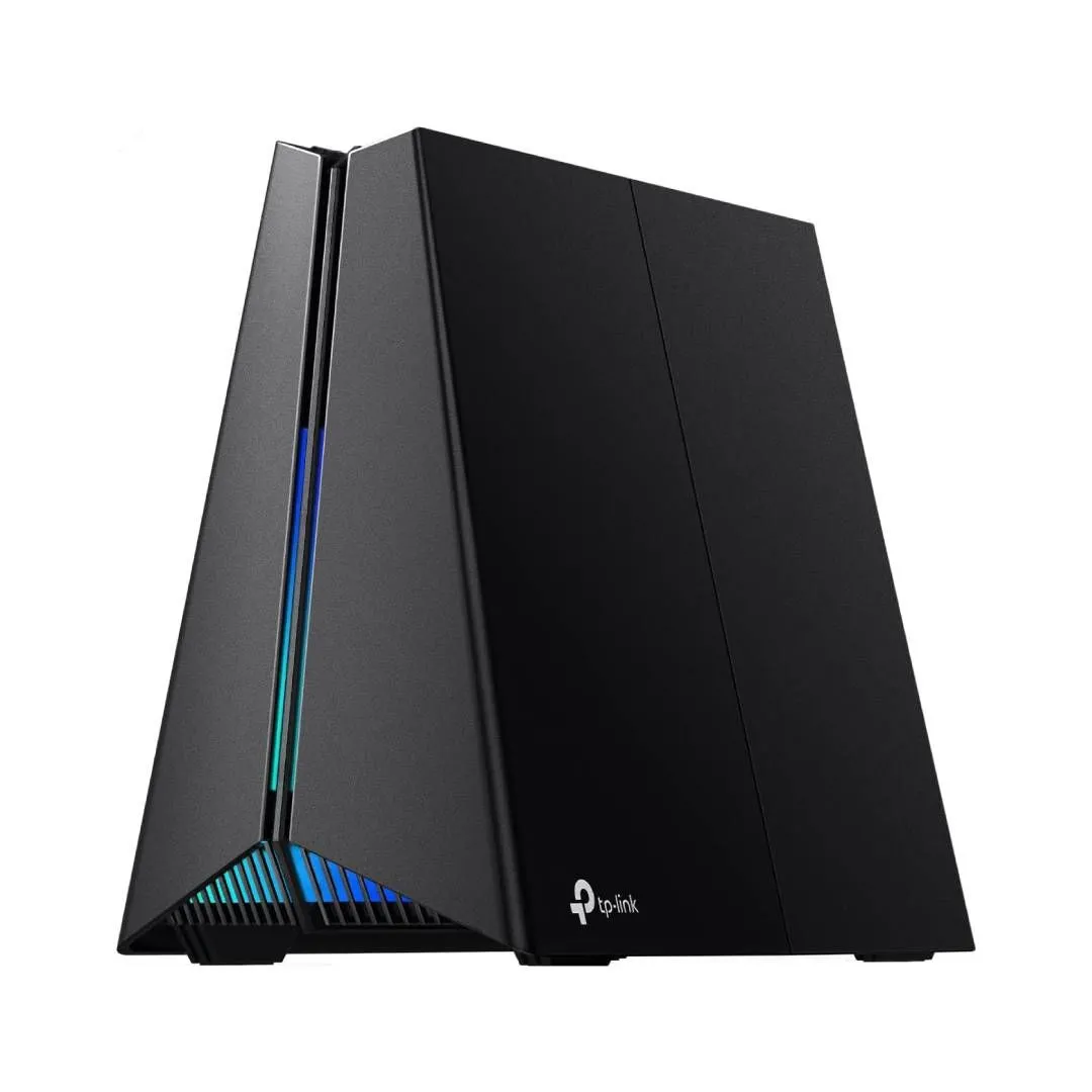 Router gaming TP-Link Archer GE650 màu đen với đèn RGB nổi bật trên nền trắng, thể hiện hiệu năng Wi-Fi 7.