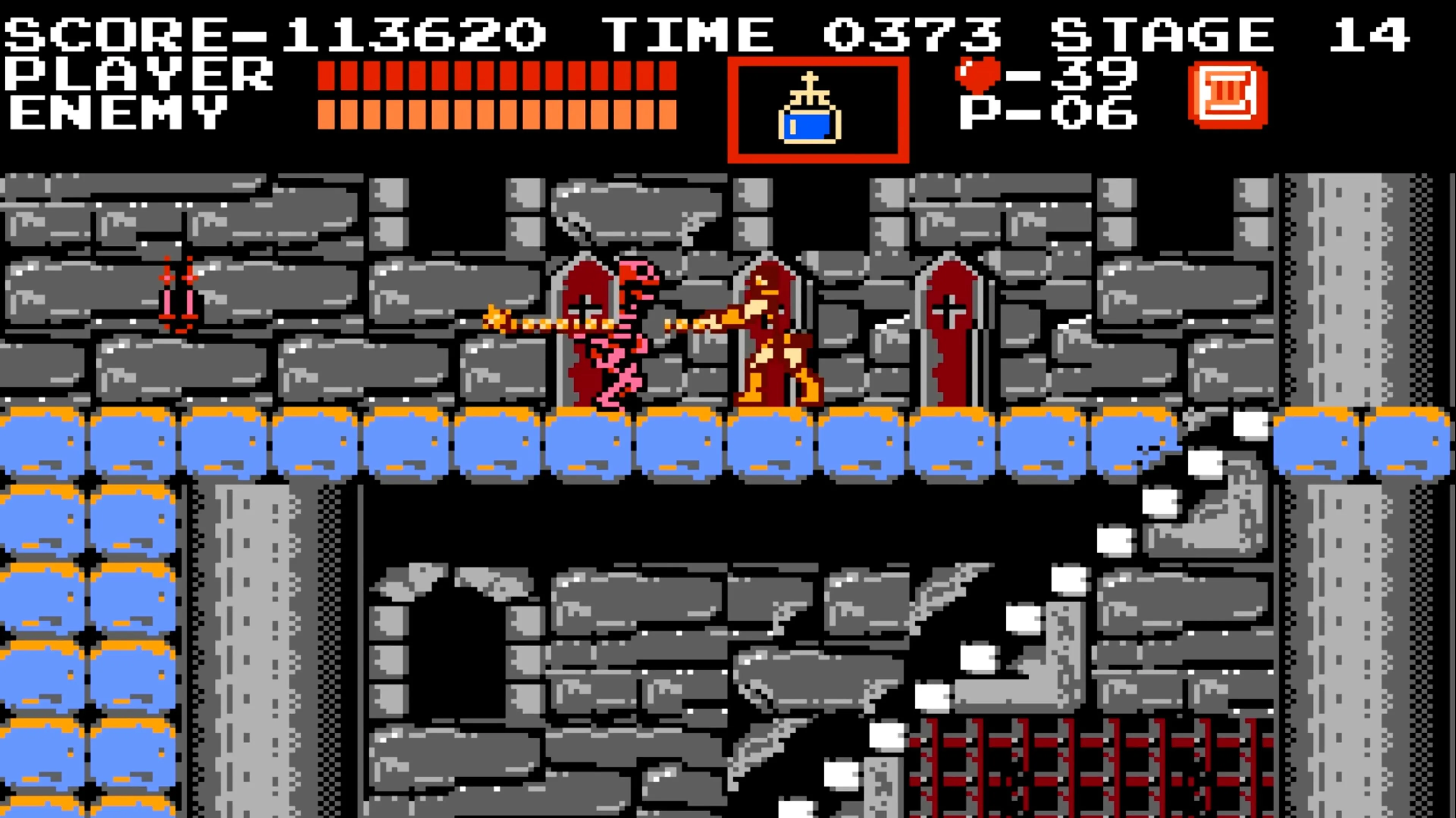 Screenshot trong game Castlevania, thể hiện môi trường và nhân vật