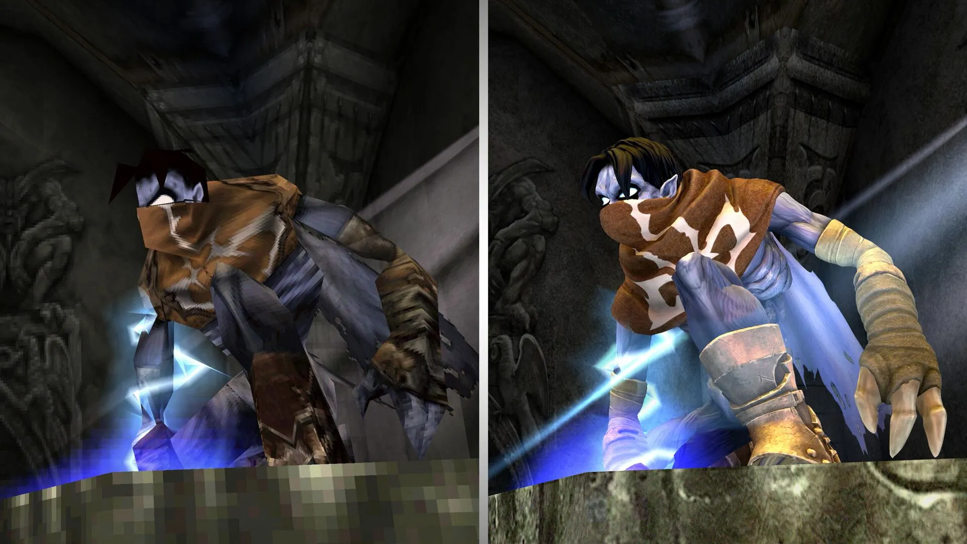 So sánh đồ họa Legacy of Kain: Soul Reaver phiên bản PS1 và remaster, cho thấy sự cải thiện từ việc kết hợp công nghệ.