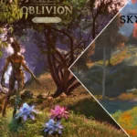 So sánh đồ họa: Spriggon trong rừng từ Oblivion Remastered (trái) và Skyblivion (phải) cho thấy cải tiến hình ảnh ấn tượng.