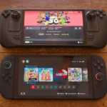 So sánh kích thước giữa Steam Deck OLED và Nintendo Switch 2, cho thấy sự khác biệt về độ dày và tổng thể.