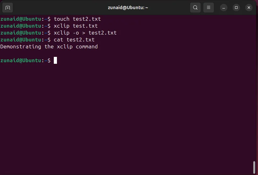 Sử dụng xclip để sao chép nội dung từ test.txt và dán vào test2.txt bằng cách chuyển hướng output, sau đó hiển thị nội dung test2.txt.