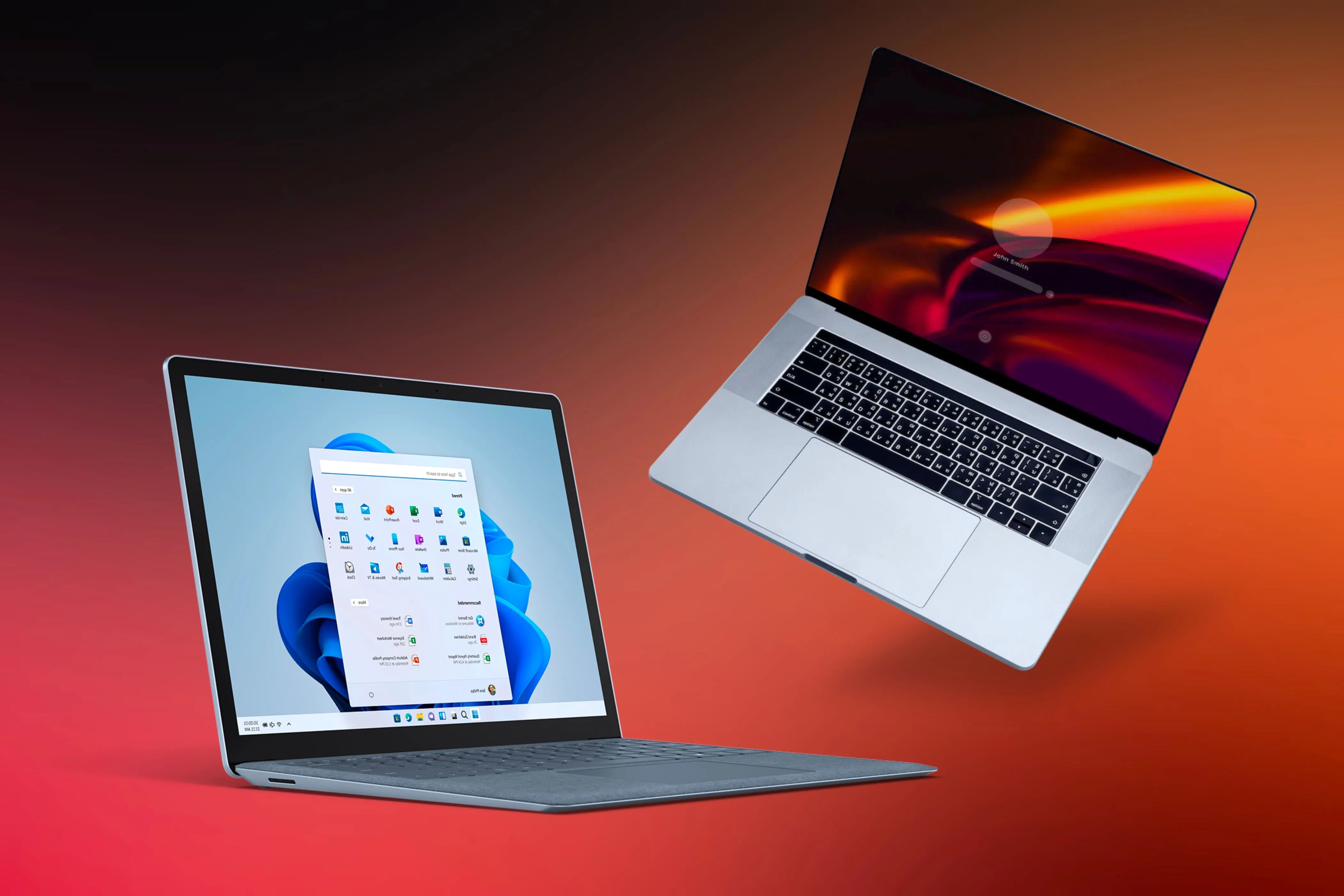 Sự kết hợp giữa máy tính Windows và MacBook Pro, tượng trưng cho khả năng làm việc liền mạch giữa các hệ sinh thái thiết bị khác nhau nhờ dịch vụ Apple đa nền tảng.