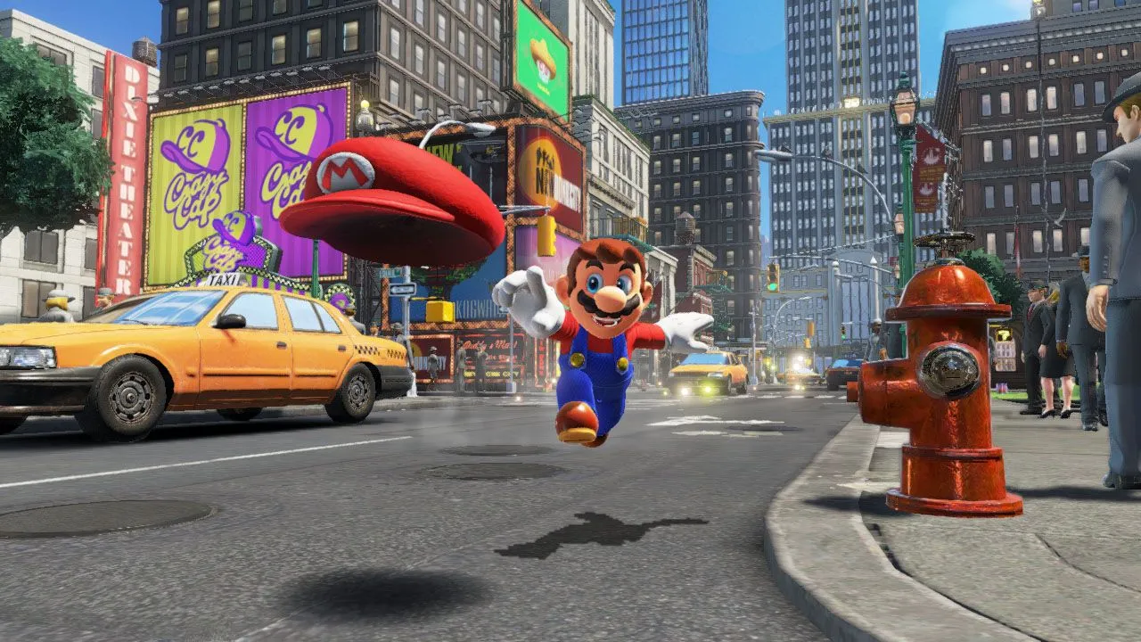 Super Mario Odyssey đang được chơi trên Nintendo Switch, hiển thị màn hình tươi sáng.