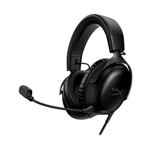 Tai nghe gaming có dây HyperX Cloud III màu đen, mang lại chất lượng âm thanh cao và sự thoải mái cho game thủ.