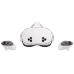 Tai nghe VR Meta Quest 3S màu trắng cùng bộ điều khiển, thể hiện thiết kế công thái học và khả năng thực tế hỗn hợp