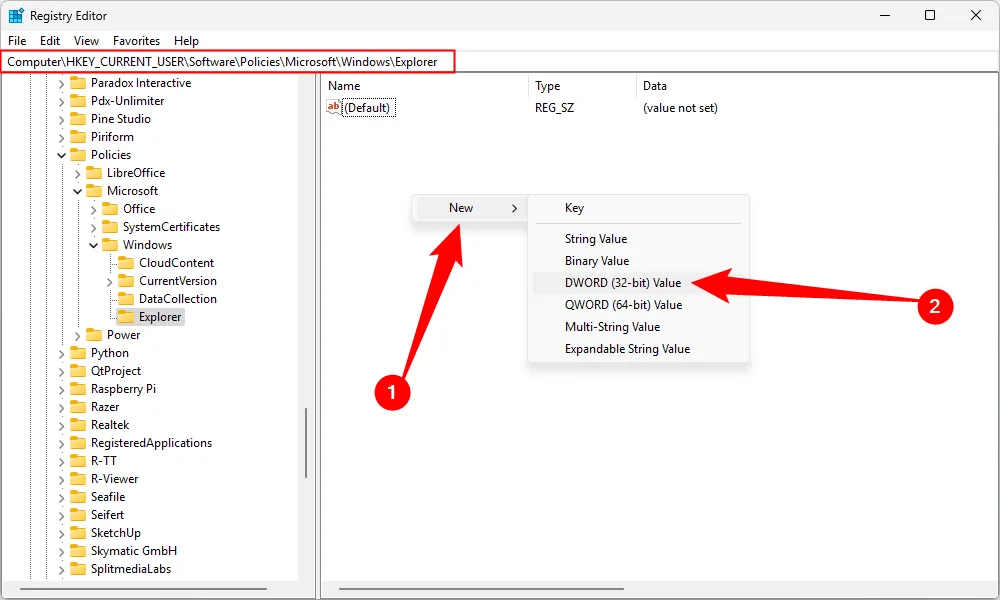 Tạo giá trị DWORD (32-bit) mới trong Registry Editor để thay đổi tính năng Windows 11.