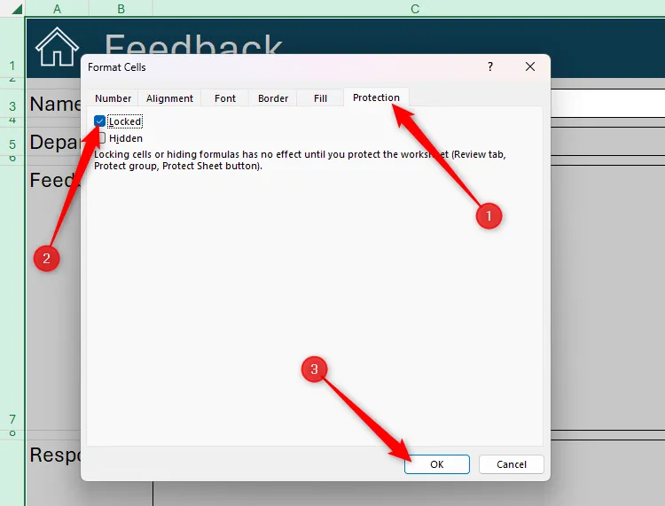 Tất cả các ô trong bảng tính Excel được chọn, và tùy chọn &quot;Locked&quot; (Khóa) được đánh dấu trong tab Protection của hộp thoại Format Cells.