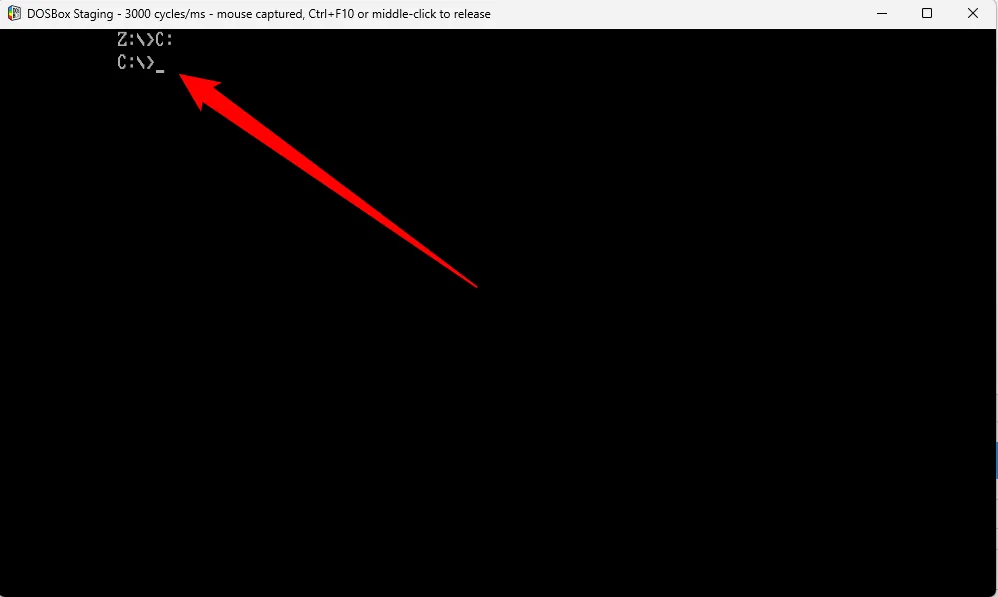 Thay đổi ổ đĩa từ Z sang C trong DOSBox Staging, một bước cần thiết để truy cập thư mục game DOS đã mount.