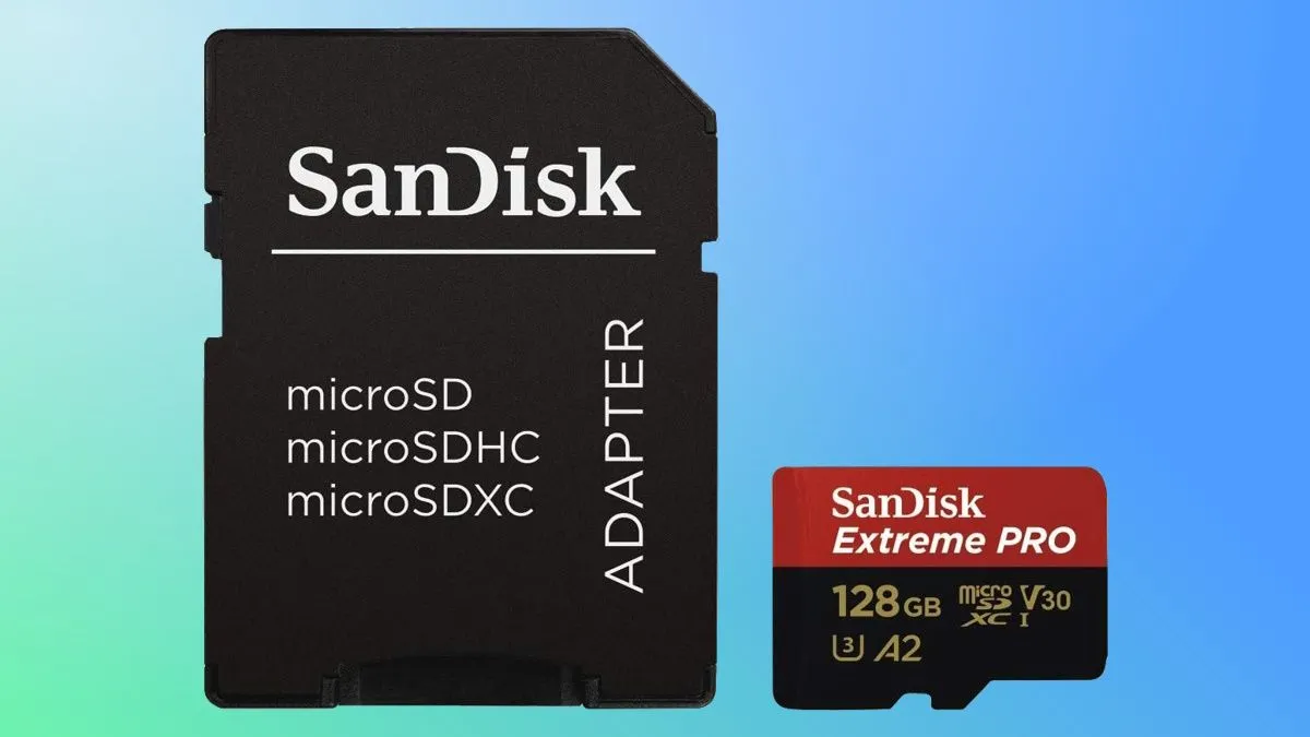 Thẻ nhớ SanDisk Extreme Pro trên nền xanh và xanh lá, thể hiện khả năng chống chịu