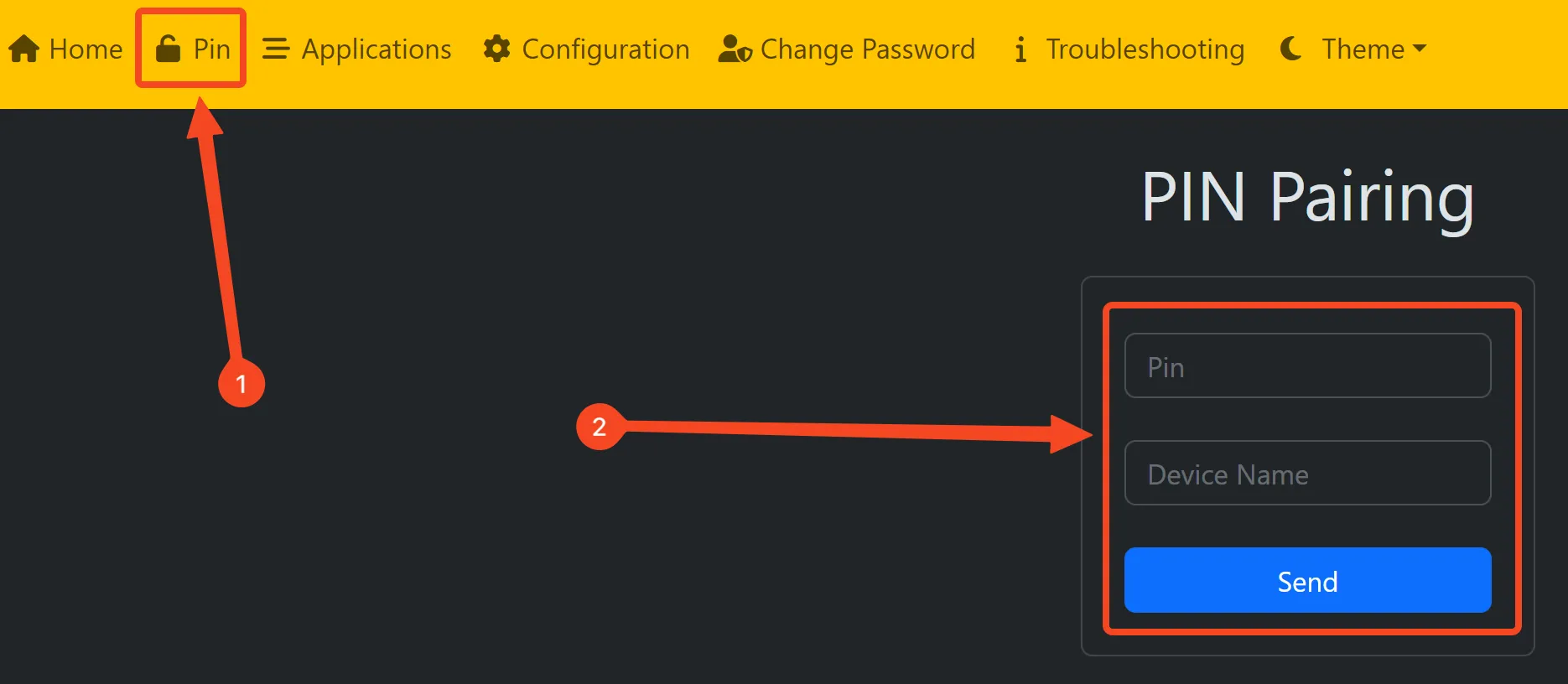 Thẻ PIN trong giao diện Web UI của Sunshine, nơi nhập mã PIN và tên thiết bị để ghép nối với Moonlight.