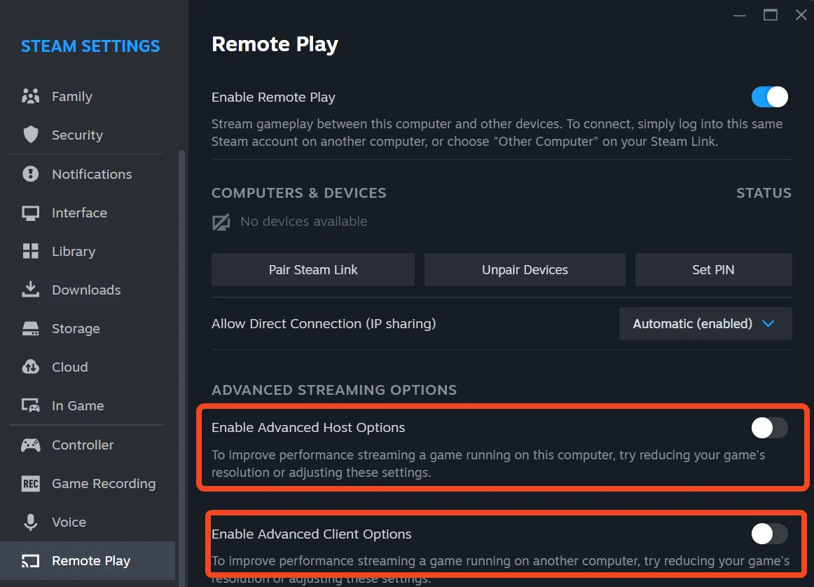 Thẻ Remote Play trong Steam với các tùy chọn nâng cao để điều chỉnh chất lượng stream và băng thông.