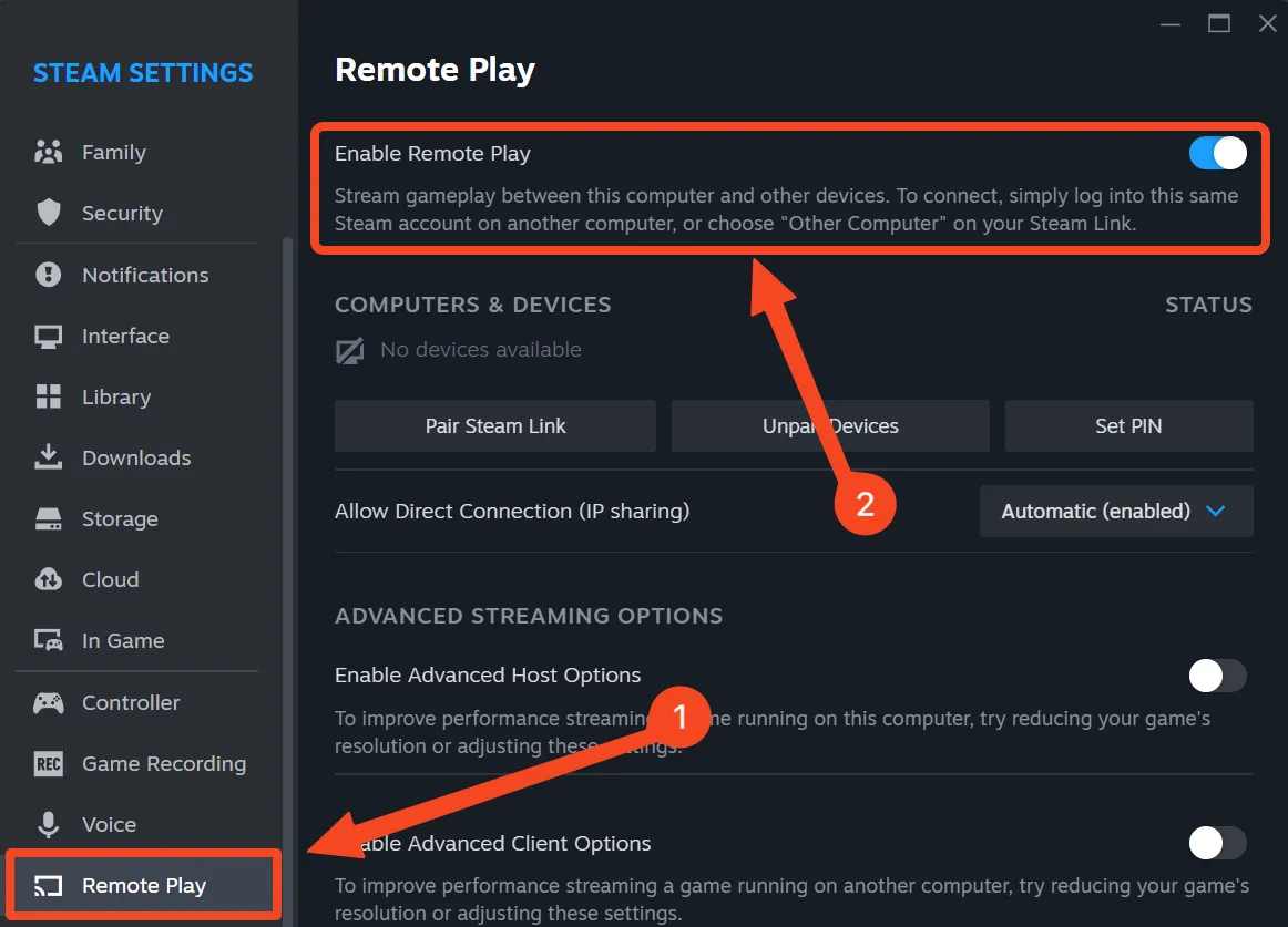 Thẻ tùy chọn Remote Play trong cài đặt Steam, hiển thị nút bật tính năng Remote Play.