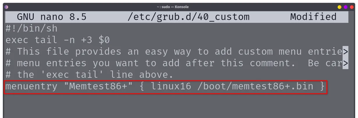 Thêm mục khởi động Memtest86+ tùy chỉnh vào cấu hình GRUB thông qua tập tin 40_custom.