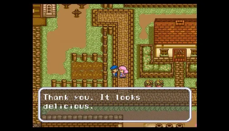 Thị trấn và các nhân vật tương tác trong Harvest Moon, thể hiện yếu tố xã hội của game mô phỏng nông trại