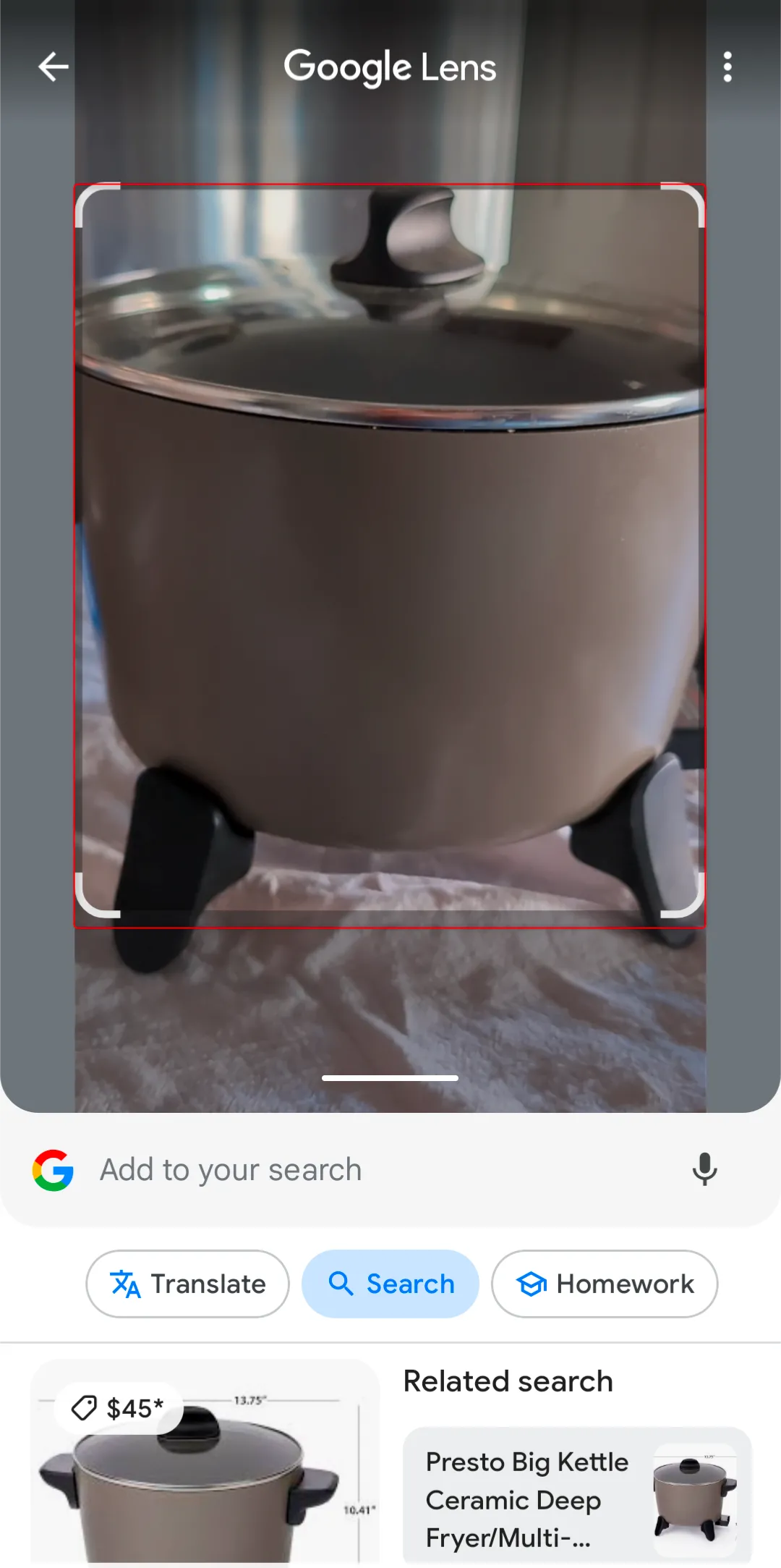 Thiết bị chiên ngập dầu Presto đang được Google Lens nhận diện và tìm kiếm thông tin