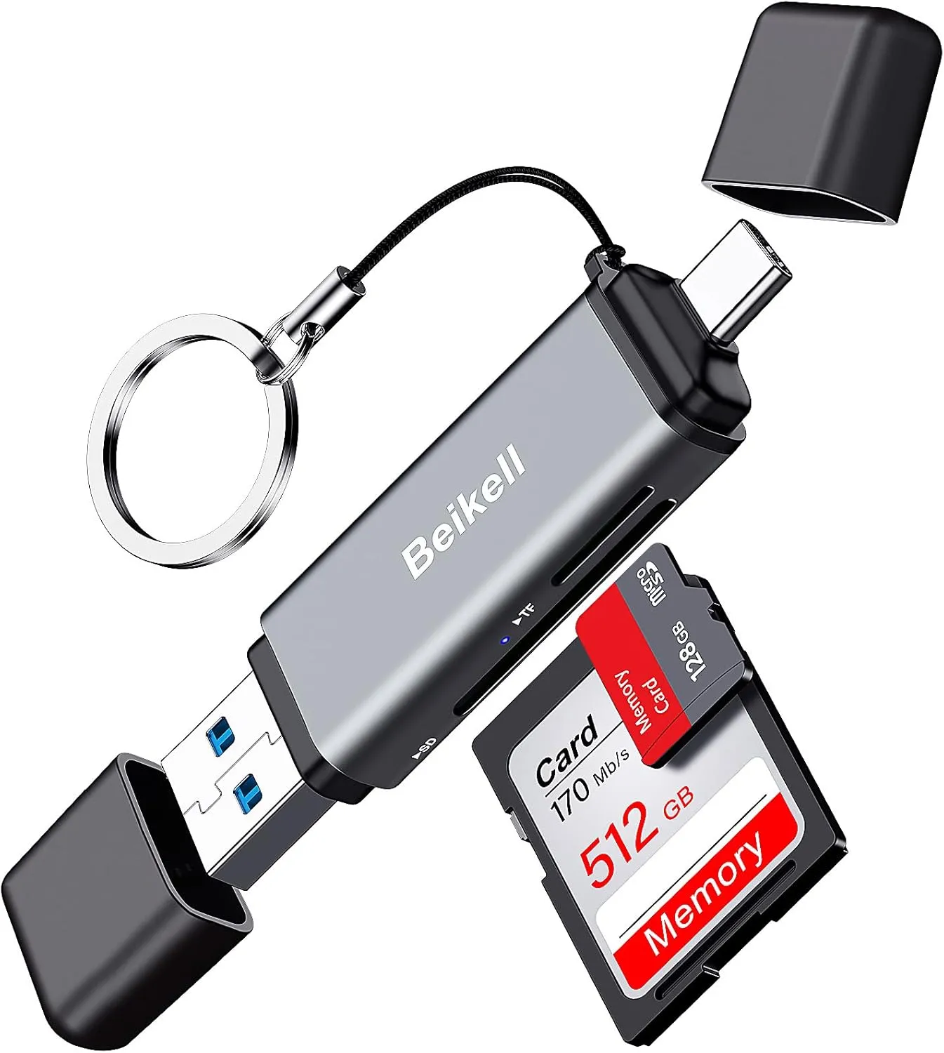 Thiết bị đầu đọc thẻ Beikell SD Card Reader màu đen, có cả cổng USB-A và USB-C, giúp truyền tải dữ liệu đa năng.