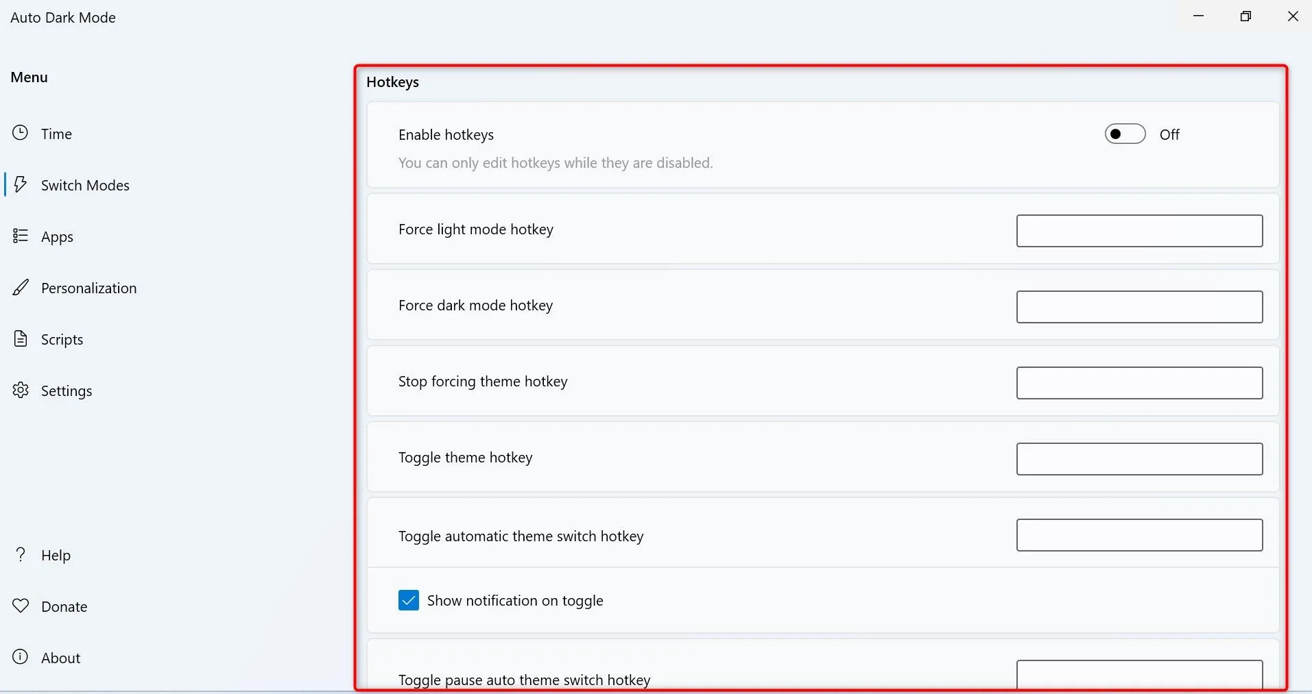 Thiết lập phím tắt (hotkeys) để chuyển đổi nhanh giữa chế độ sáng và tối trên Windows 11.