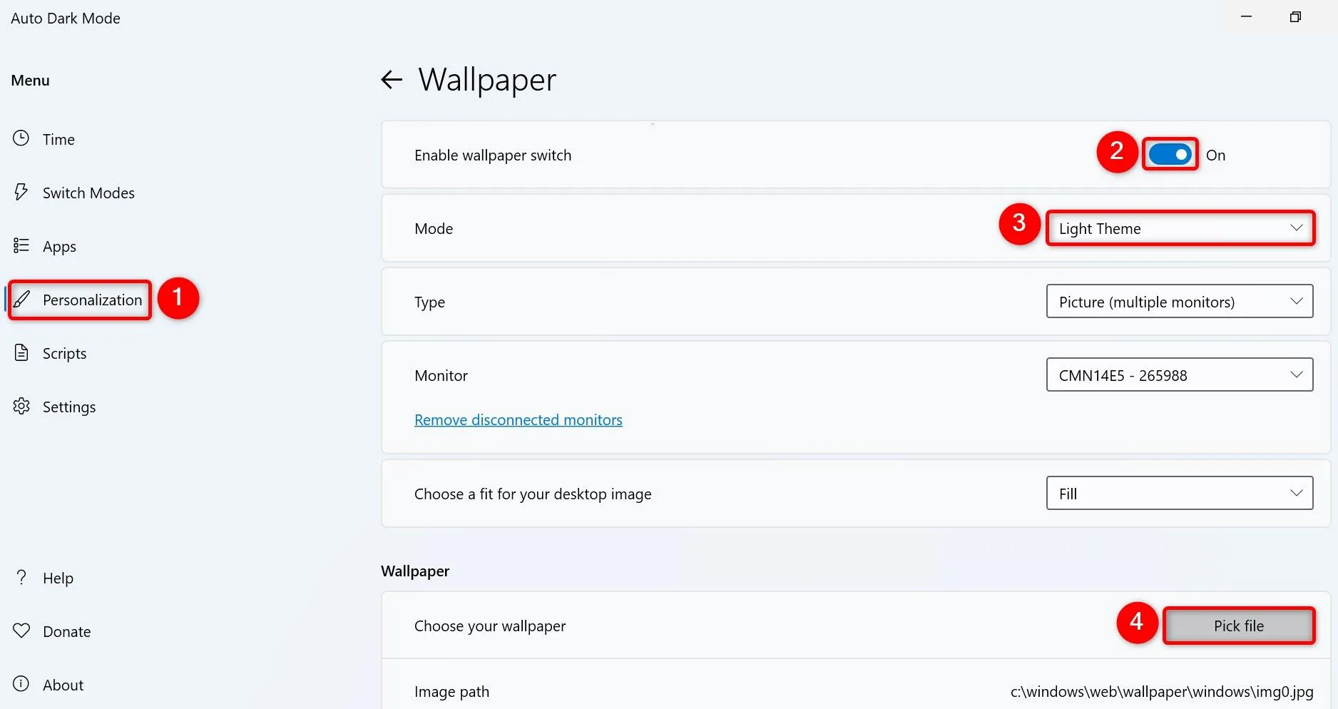 Thiết lập tùy chọn chuyển đổi hình nền tự động cho chế độ sáng và tối trong Auto Dark Mode.